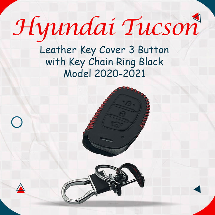 Hyundai Tucson Leather Key Cover 3 Button with Key Chain Ring Black - Model 2020-2024