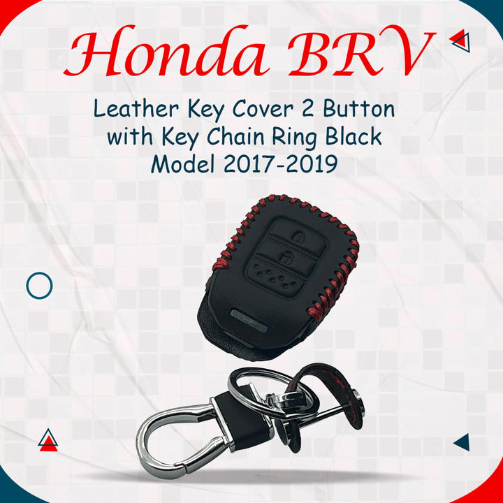 Honda BRV Leather Key Cover 2 Button with Key Chain Ring Black - Model 2017-2019