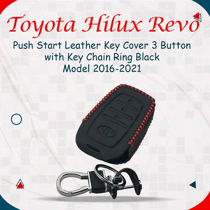 Toyota Hilux Revo/Rocco Push Start Leather Key Cover 3 Button with Key Chain Ring Black