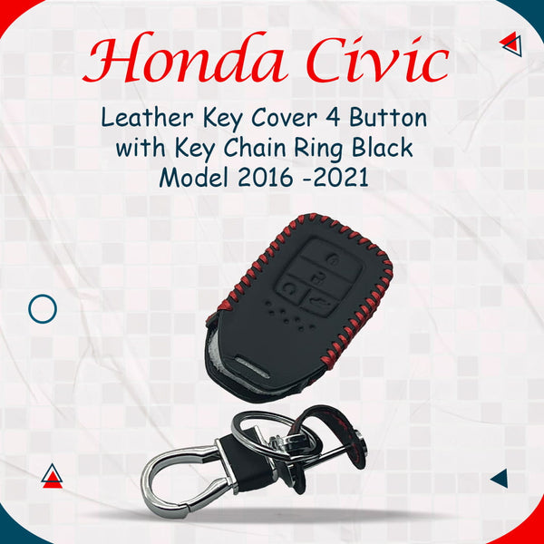 Honda Civic Leather Key Cover 4 Button with Key Chain Ring Black- Model 2016 -2021