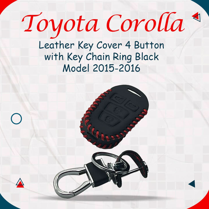 Toyota Corolla Leather Key Cover 4 Button with Key Chain Ring Black - Model 2015-2016