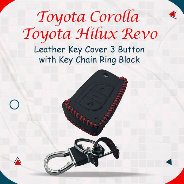 Toyota Corolla / Toyota Hilux Revo/Rocco Leather Key Cover 3 Button with Key Chain Ring Black