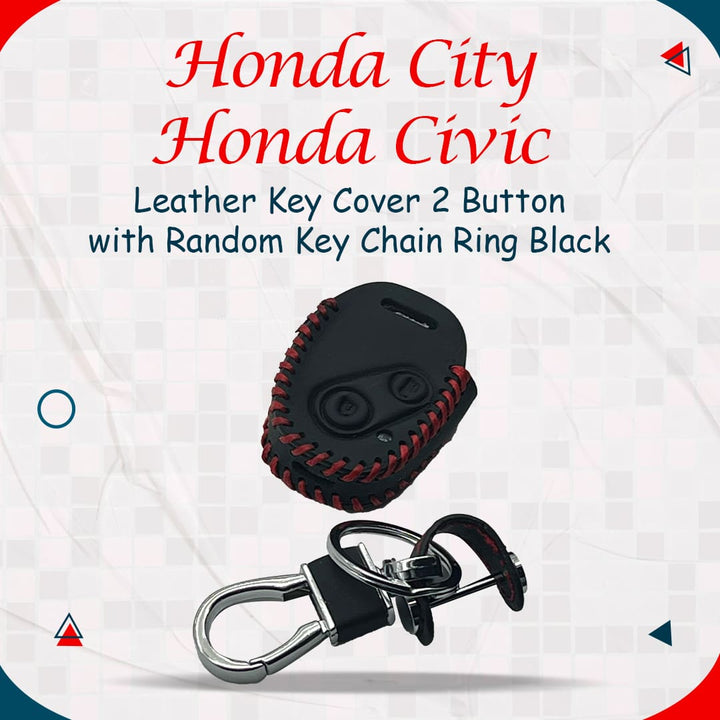 Honda City / Honda Civic Leather Key Cover 2 Button with Random Key Chain Ring Black