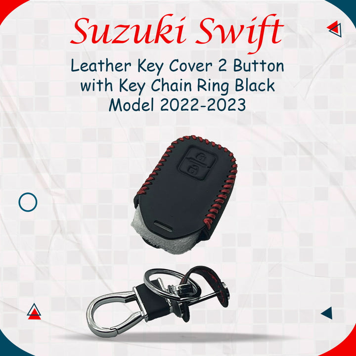 Suzuki Swift Leather Key Cover 2 Button with Key Chain Ring Black - Model 2022-2023