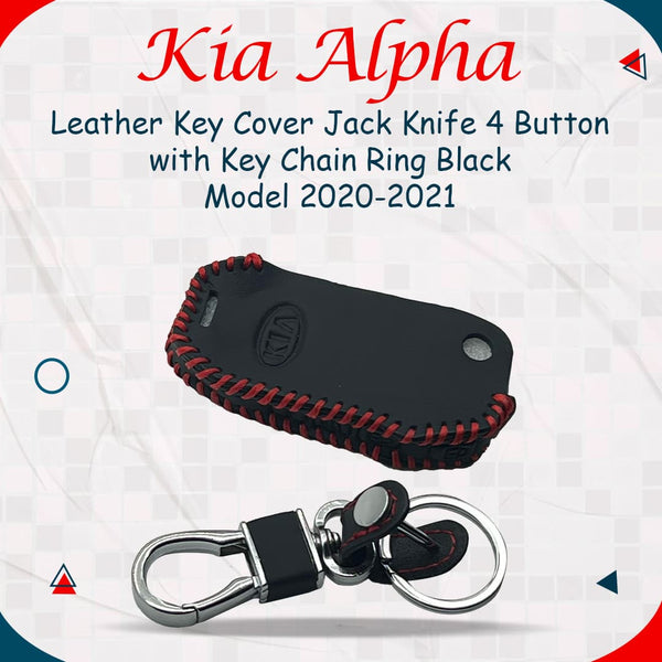 Kia Alpha Leather Key Cover Jack Knife 4 Button with Key Chain Ring Black - Model 2020-2021