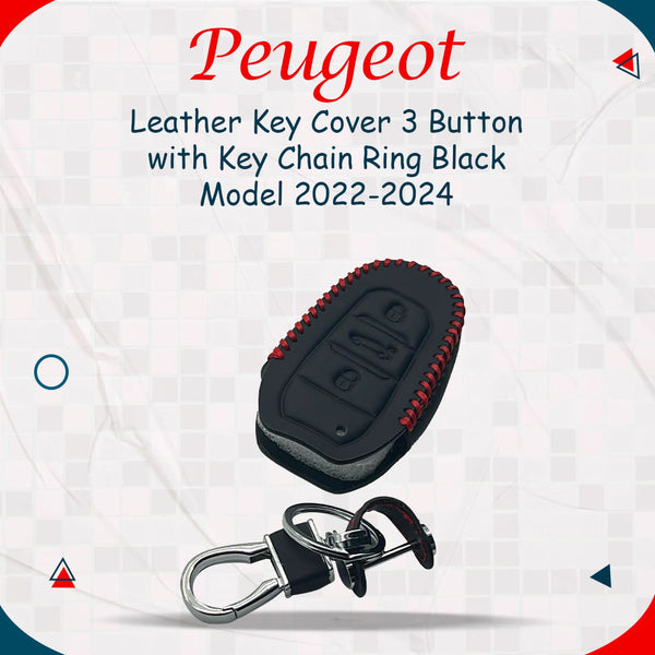 Peugeot Leather Key Cover 3 Buttons with Key Chain Ring Black - Model 2022-2024