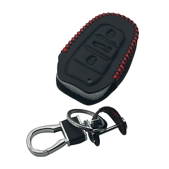 Peugeot Leather Key Cover 3 Buttons with Key Chain Ring Black - Model 2022-2024