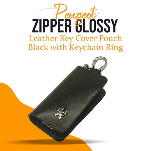 Peugeot Zipper Glossy Leather Key Cover Pouch Black with Keychain Ring