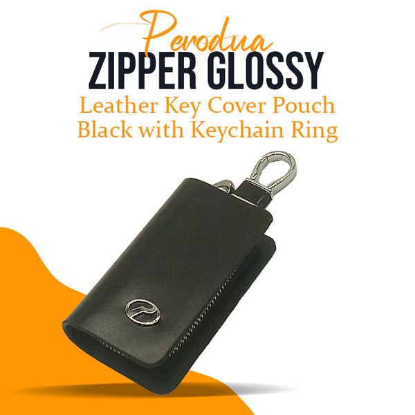 Perodua Zipper Glossy Leather Key Cover Pouch Black with Keychain Ring