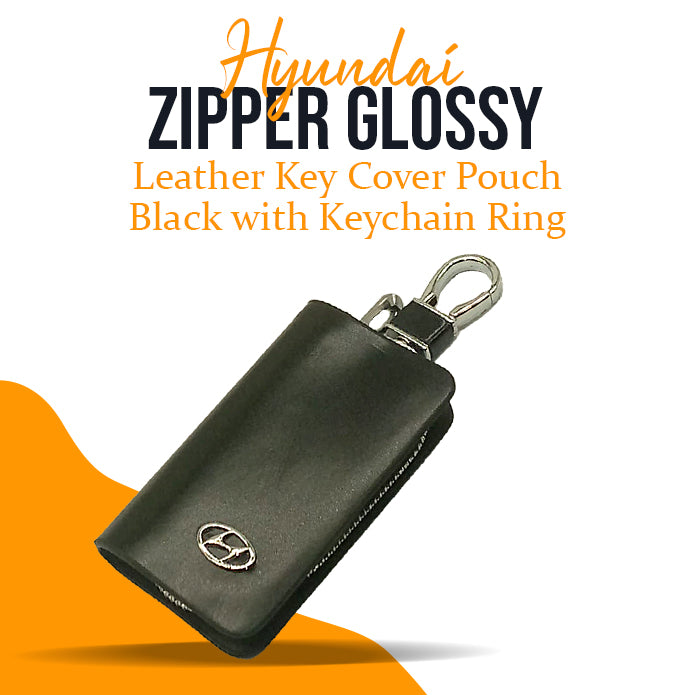 Hyundai Zipper Glossy Leather Key Cover Pouch Black with Keychain Ring