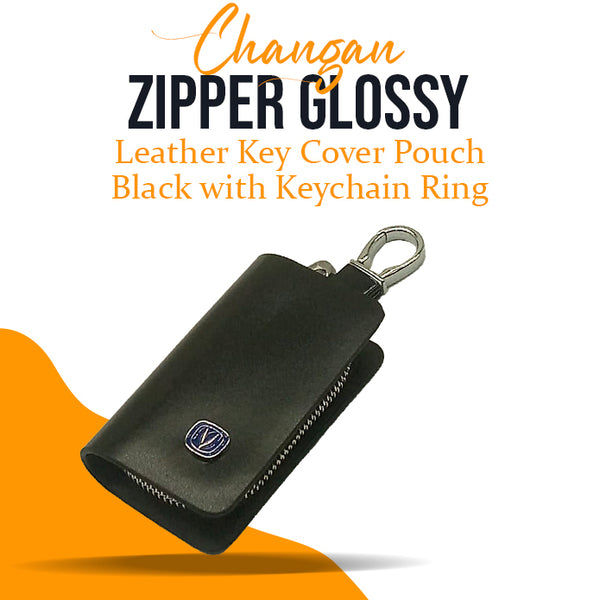 Changan Zipper Glossy Leather Key Cover Pouch Black with Keychain Ring