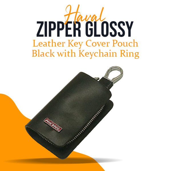 Haval Zipper Glossy Leather Key Cover Pouch Black with Keychain Ring