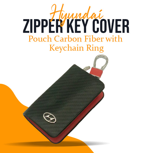 Hyundai Zipper Key Cover Pouch Carbon Fiber with Keychain Ring