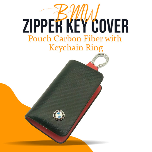 BMW Zipper Key Cover Pouch Carbon Fiber with Keychain Ring