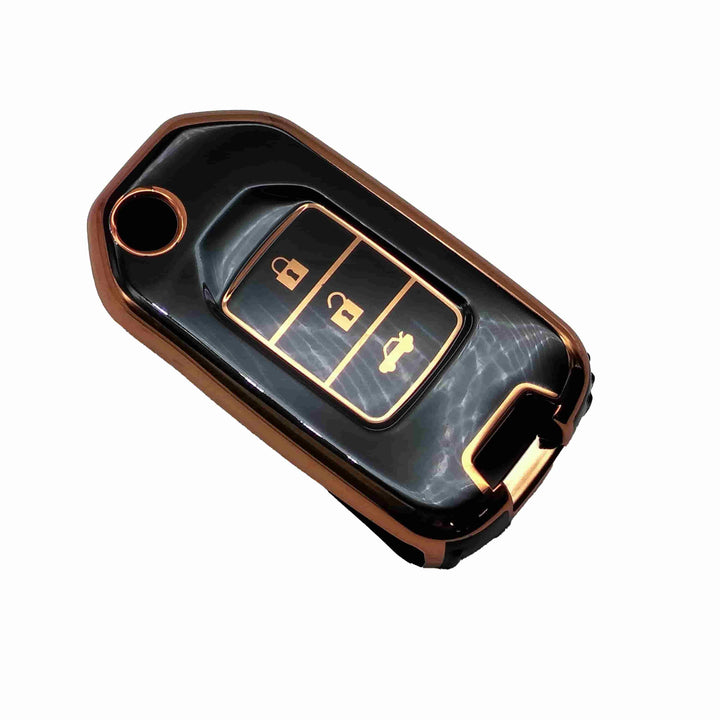 Honda Civic Jack Knife TPU Plastic Protection Key Cover Black With Golden 3 Buttons  - Model 2014-2016