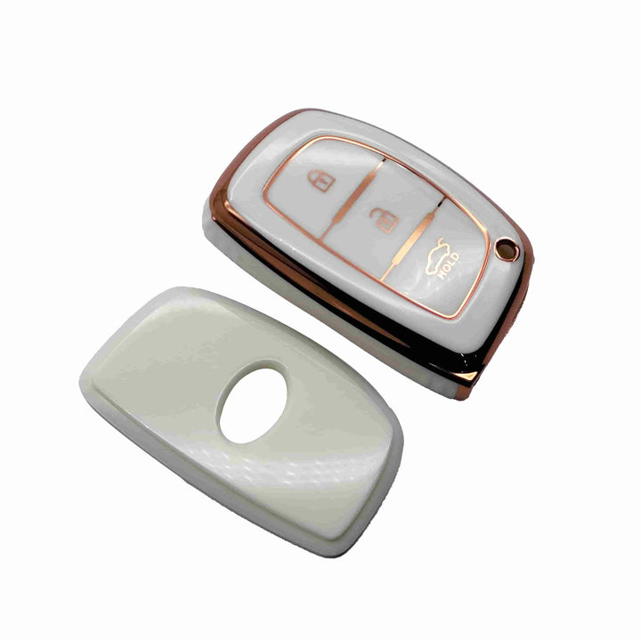Hyundai Tucson TPU Key Cover Leather Design White With Golden 3 Buttons - Model 2020-2024