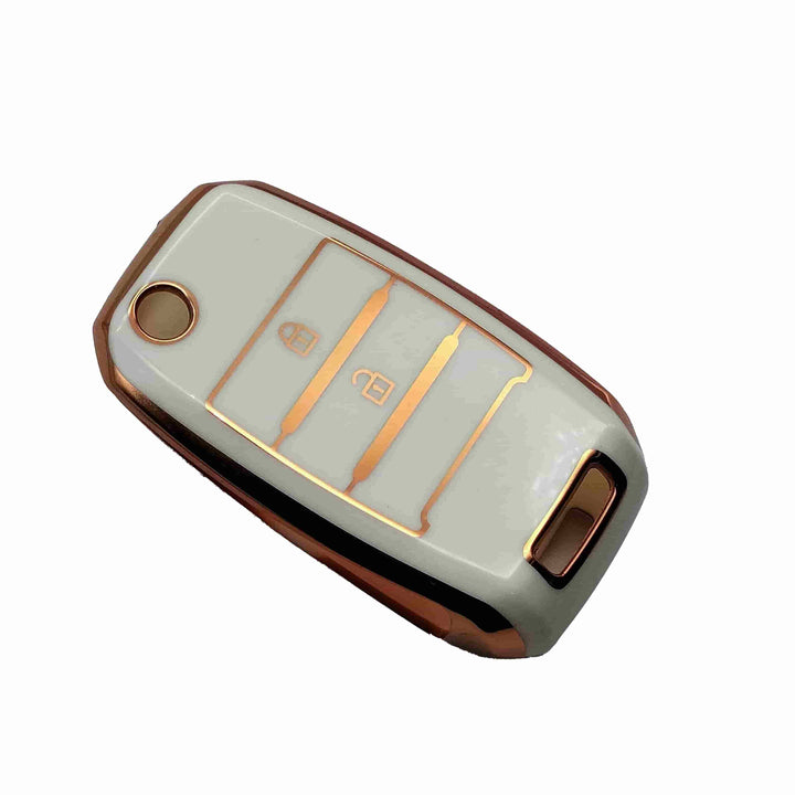 KIA Picanto Jack Knife TPU Plastic Protection Key Cover White With Golden 2 Buttons - Model 2019-2024