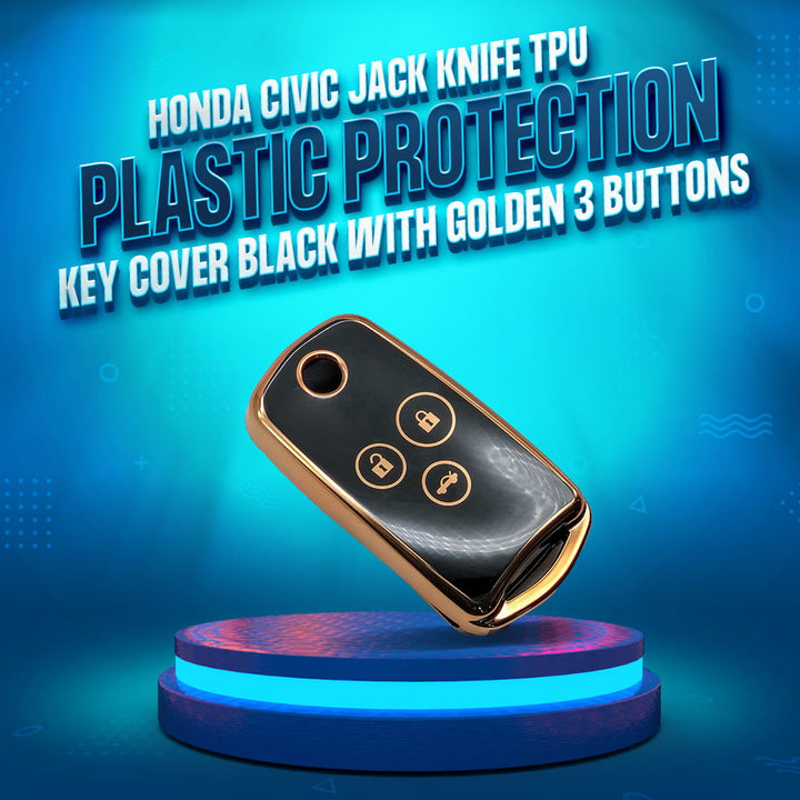 Honda Civic Jack Knife TPU Plastic Protection Key Cover Black With Golden 3 Buttons - Model 2012-2013