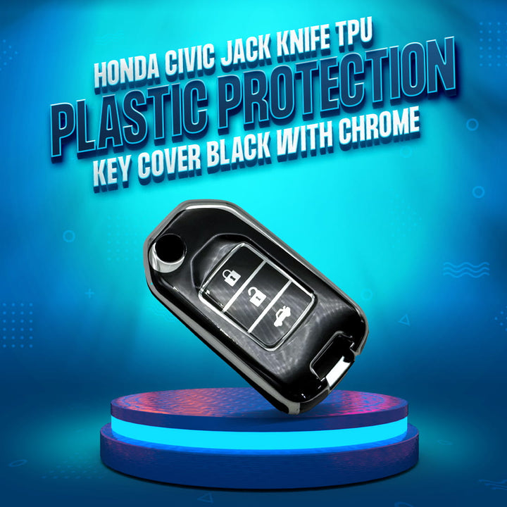 Honda Civic Jack Knife TPU Plastic Protection Key Cover Black With Chrome 3 Buttons - Model 2014-2016