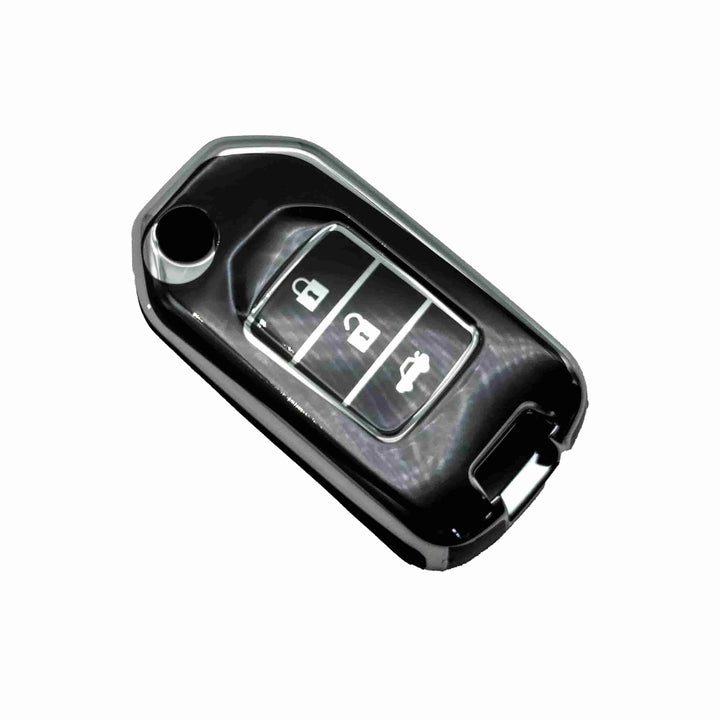 Honda Civic Jack Knife TPU Plastic Protection Key Cover Black With Chrome 3 Buttons - Model 2014-2016