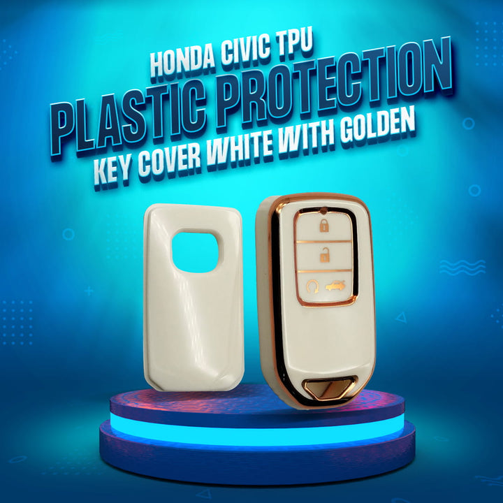 Honda Civic TPU Plastic Protection Key Cover White With Golden 4 Buttons - Model 2016-2021