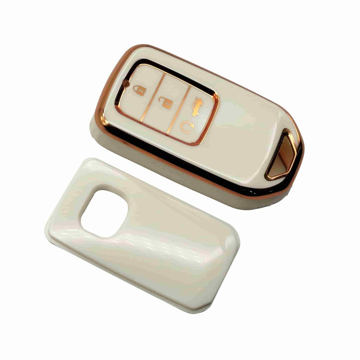 Honda Civic TPU Plastic Protection Key Cover White With Golden 4 Buttons - Model 2016-2021