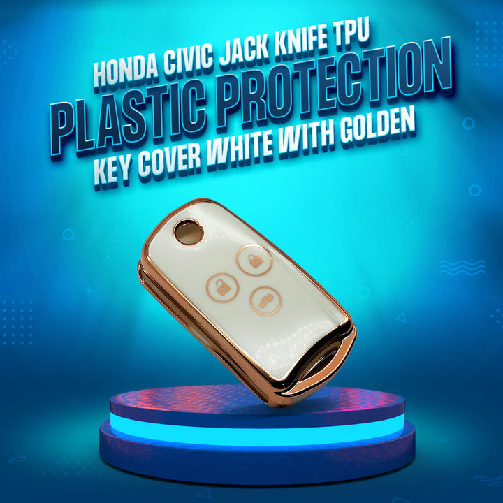 Honda Civic Jack Knife TPU Plastic Protection Key Cover White With Golden 3 Buttons - Model 2012-2013