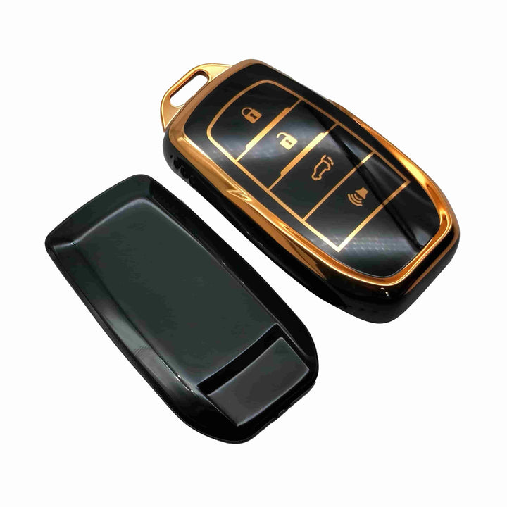 Toyota Fortuner TPU Plastic Protection Key Cover Black With Golden 4 Buttons - Model 2016-2021