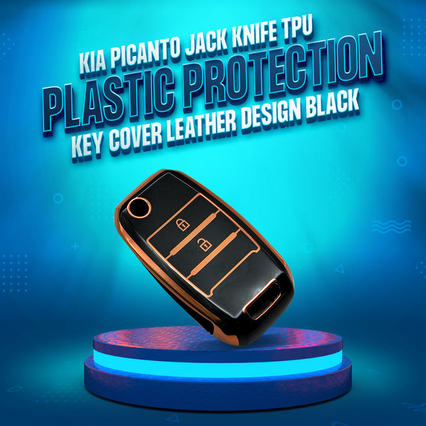 KIA Picanto Jack knife TPU Plastic Protection Key Cover Black With Golden 2 Buttons - Model 2019-2024