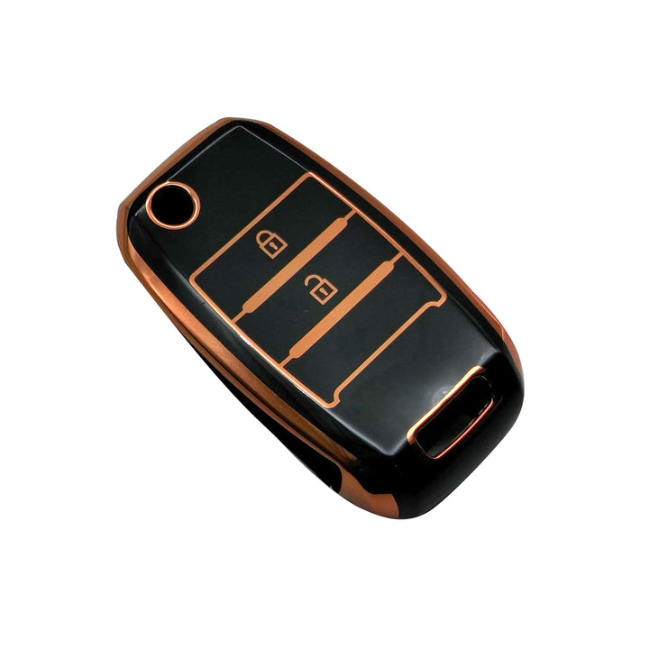 KIA Picanto Jack knife TPU Plastic Protection Key Cover Leather Design Black With Golden 2 Buttons - Model 2019-2024