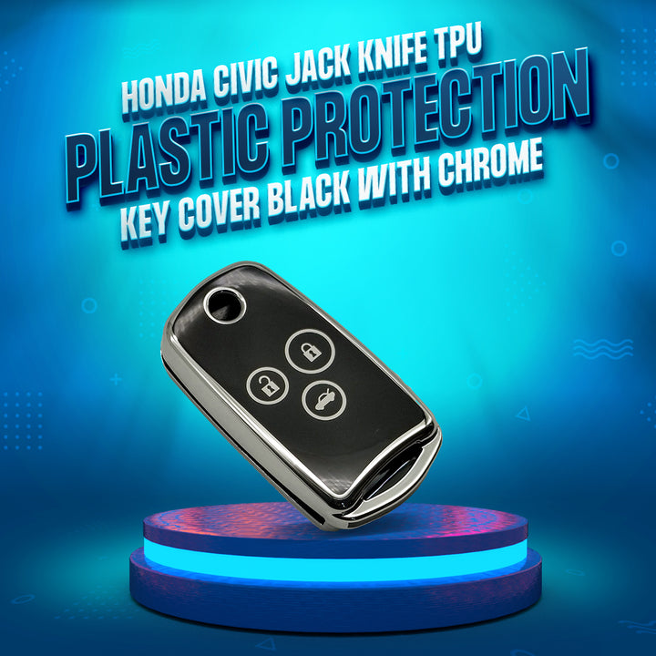 Honda Civic Jack Knife TPU Plastic Protection Key Cover Black With Chrome 3 Buttons - Model 2012-2013