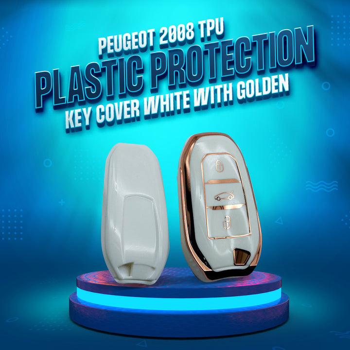 Peugeot 2008 TPU Plastic Protection Key Cover White With Golden 3 Buttons - Model 2022-2024