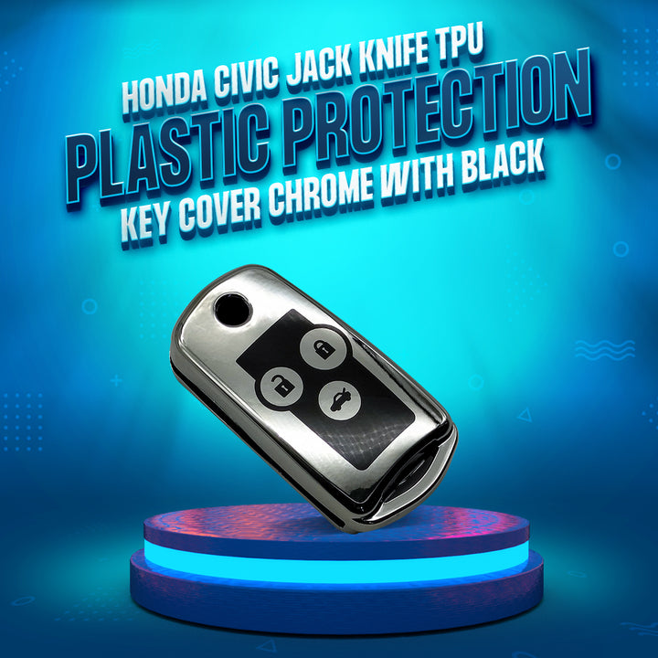 Honda Civic Jack Knife TPU Plastic Protection Key Cover Chrome With Black 3 Buttons - Model 2012-2013