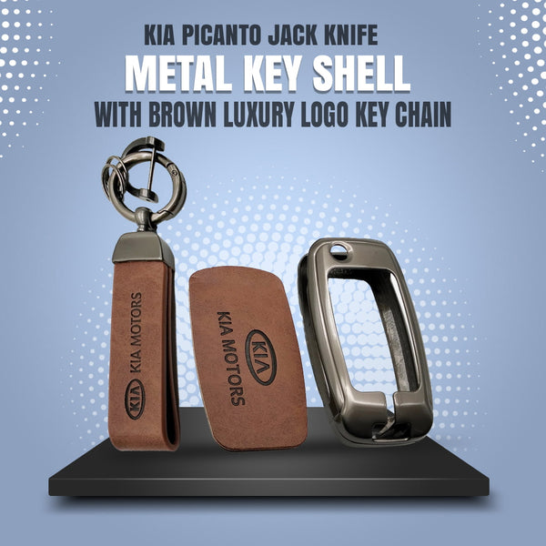 KIA Picanto Jack Knife Metal Key Shell with Brown Luxury Logo Key Chain - Model 2019 - 2024