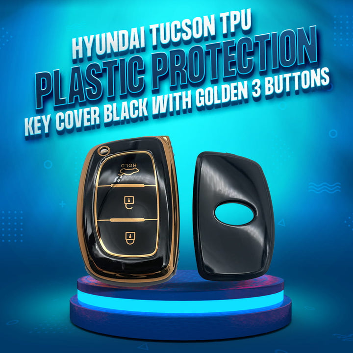 Hyundai Tucson TPU Plastic Protection Key Cover Black With Golden 3 Buttons - Model 2020-2024