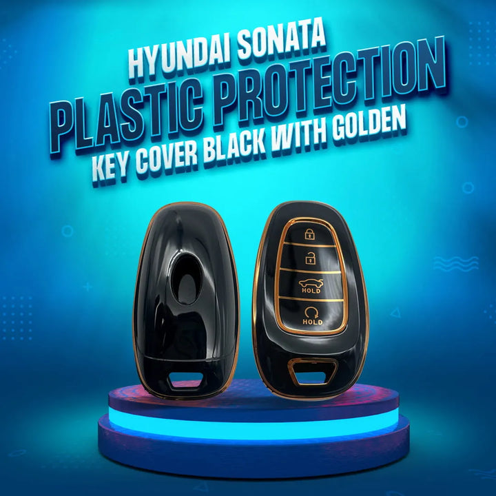 Hyundai Sonata TPU Plastic Protection Key Cover Black With Golden 4 Buttons - Model 2021-2024