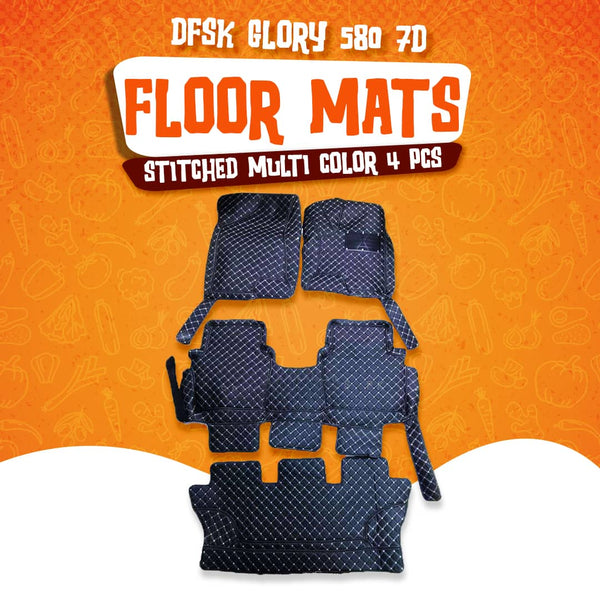 DFSK Glory 580 7D Floor Mats Black Stitched Multi Color Thread 4 Pcs - Model 2020-2024