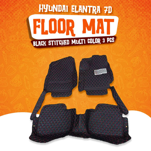 Hyundai Elantra 7D Floor Mats Black Stitched Multi Color Thread 3 Pcs - Model 2020-2024