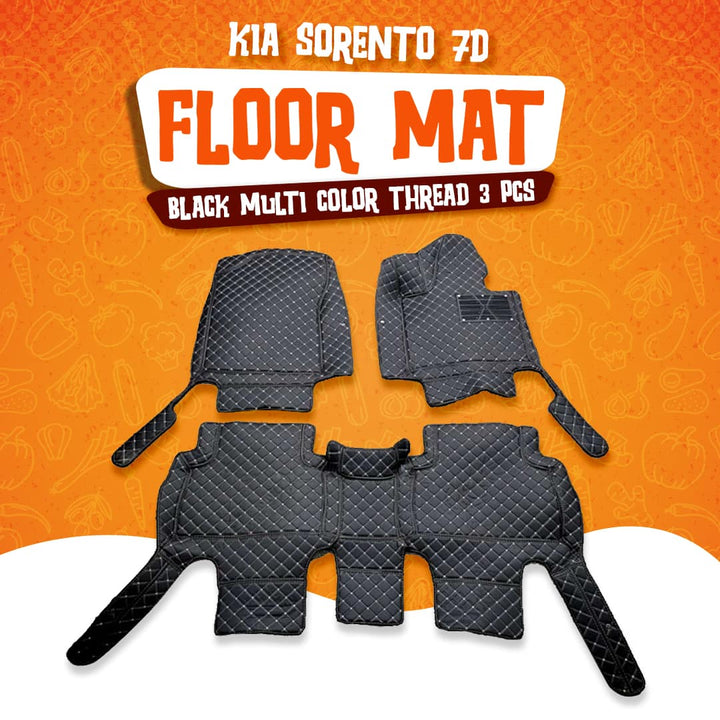 KIA Sorento 7D Floor Mats Black Multi Color Thread 3 Pcs - Model 2021-2024