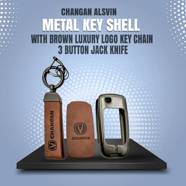 Changan Alsvin Metal Key Shell with Brown Luxury Logo Key Chain 3 Button Jack Knife