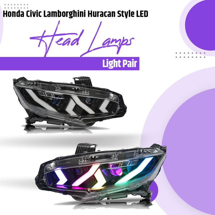 Honda Civic Lamborghini Huracan Style LED Head Lamps Light Pair - Model 2016-2021