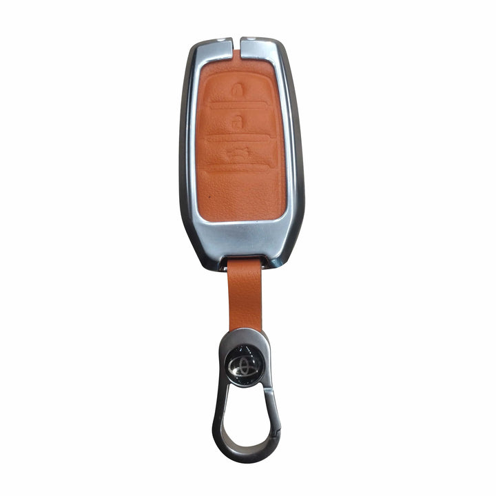 Toyota Hilux Revo/Rocco Leather Design Metal Key Cover Silver with Orange 3 Buttons