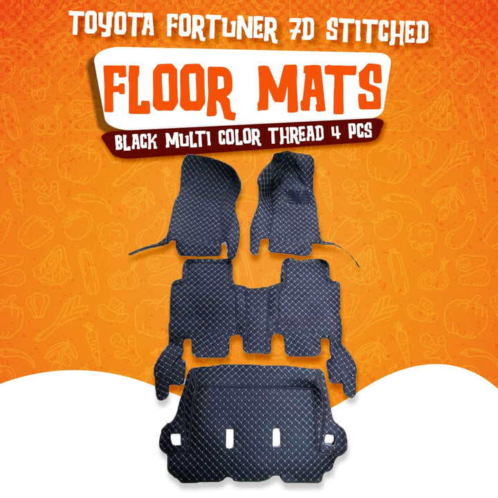 Toyota Fortuner 7D Stitched Floor Mat Black Multi Color Thread 4 Pcs - Model 2013-2016