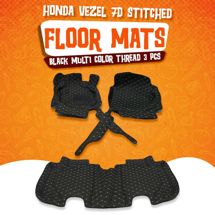 Honda Vezel 7D Stitched Floor Mat Black Multi Color Thread 3 Pcs - Model 2013-2021