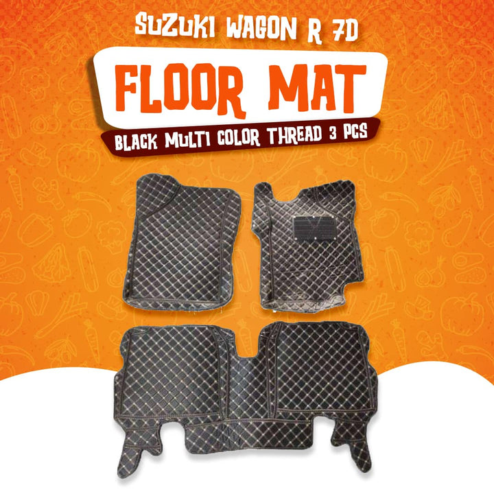 Suzuki Wagon R 7D Floor Mat Black Multi Color Thread 3 Pcs - Model 2014-2021