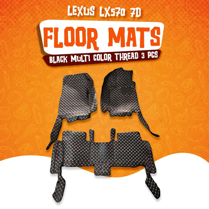 Lexus LX570 7D Floor Mats Black Multi Color Thread 3 Pcs - Model 2015-2018