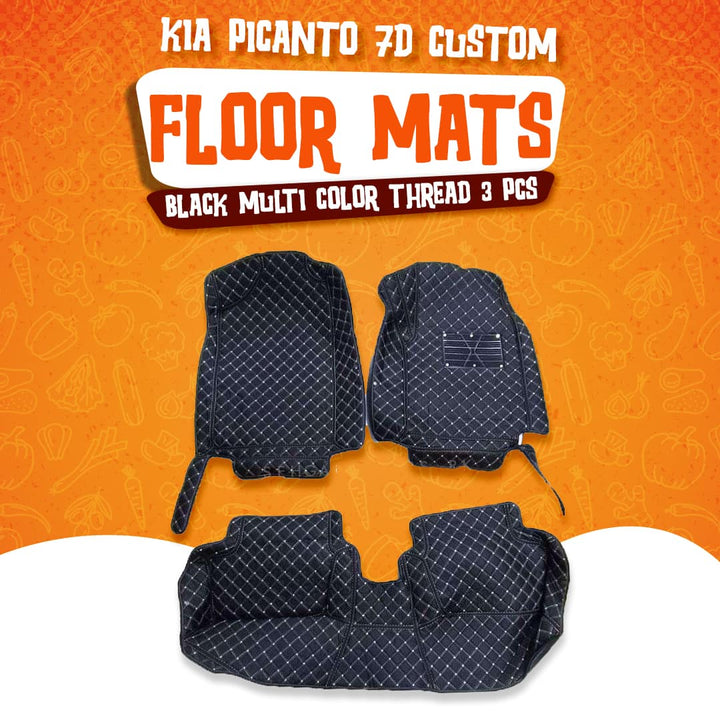 KIA Picanto 7D Custom Floor Mat Black Multi Color Thread 3 Pcs - Model 2019-2021