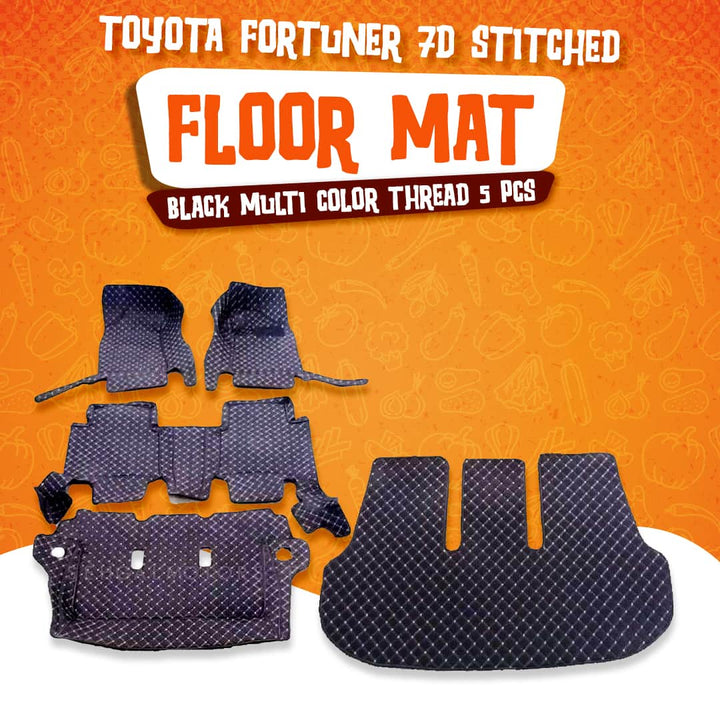 Toyota Fortuner 7D Stitched Floor Mat Black Multi Color Thread 5 Pcs - Model 2016-2021