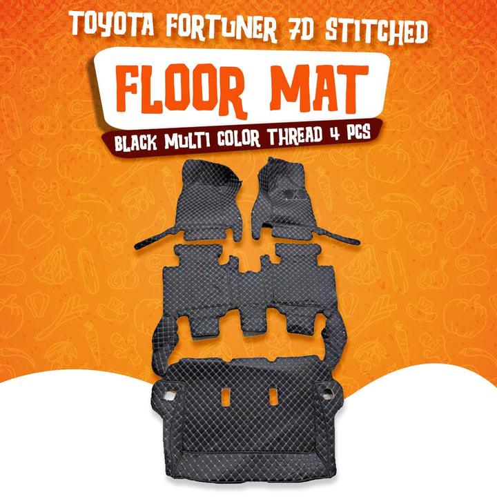Toyota Fortuner 7D Stitched Floor Mat Black Multi Color Thread 4 Pcs - Model 2016-2022