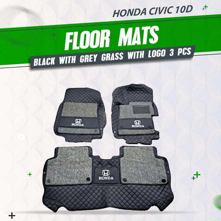 Honda Civic 10D Floor Mats Black With Grey Grass With Logo 3 Pcs - Model 2012-2016